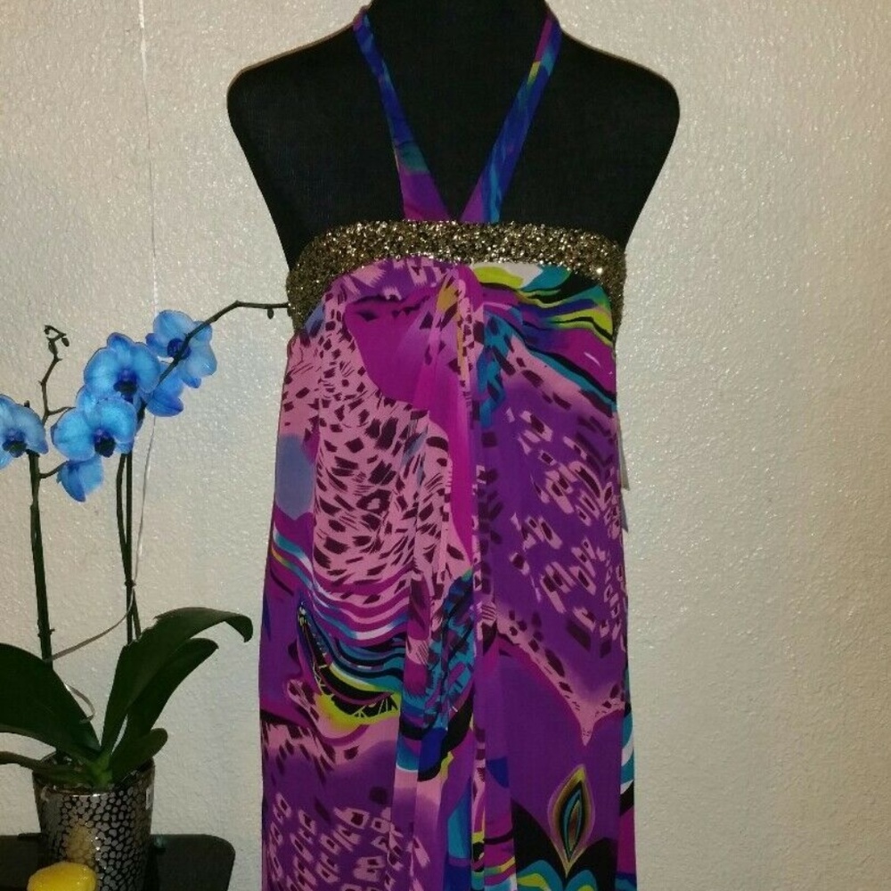 NEW Authentic Icon Print Sequin Maxi Halter Dress